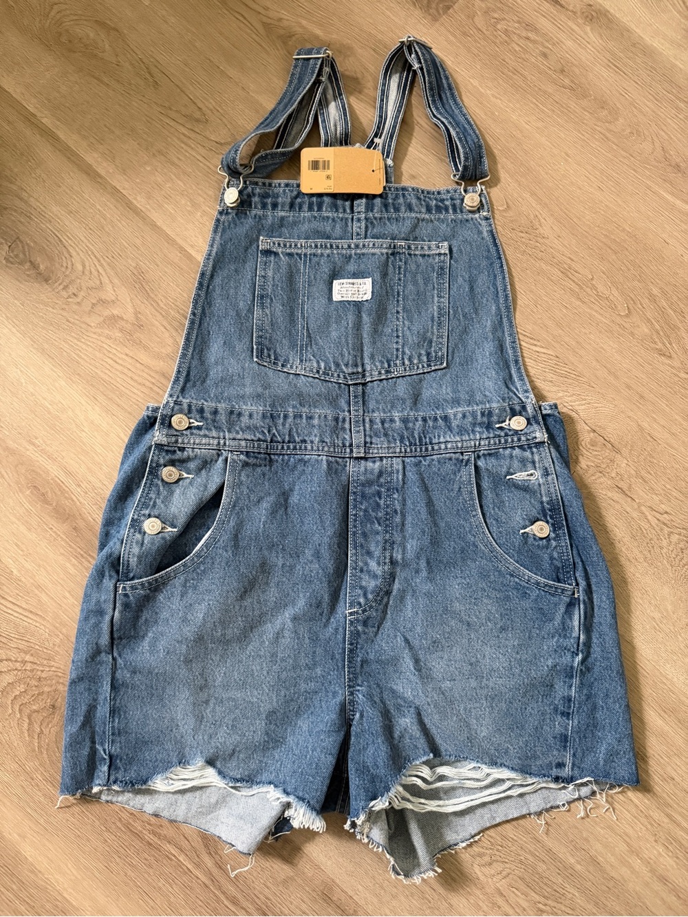 Levi's Blue Denim Short Overalls with Frayed Hem
